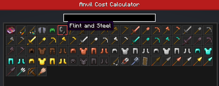A grid of enchantable items with a search box; the flint and steel slot is hovered.