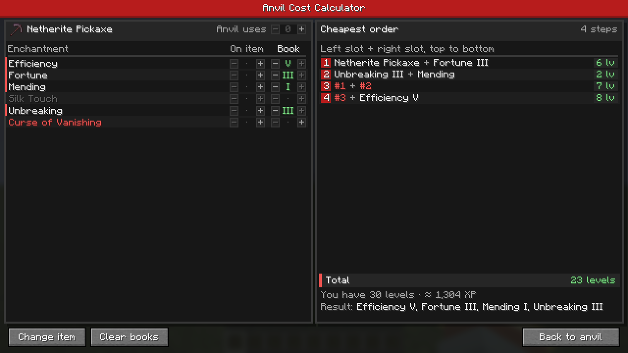 The planner for a netherite pickaxe adding Efficiency V, Fortune III, Unbreaking III and Mending: four steps, 23 levels total.