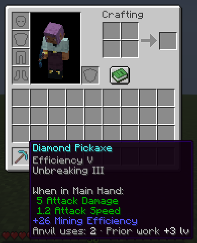 A diamond pickaxe tooltip ending with the line 'Anvil uses: 2 · Prior work +3 lv'.