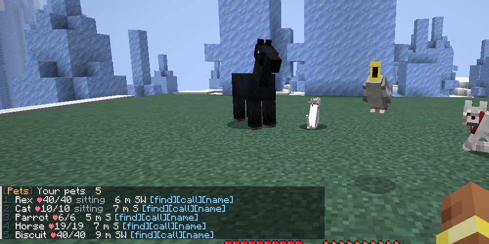 A wolf, cat, parrot and horse sitting on grass in front of the player, with the /pets list in chat: five pets with health, sitting state, distance, direction and find, call and name buttons.